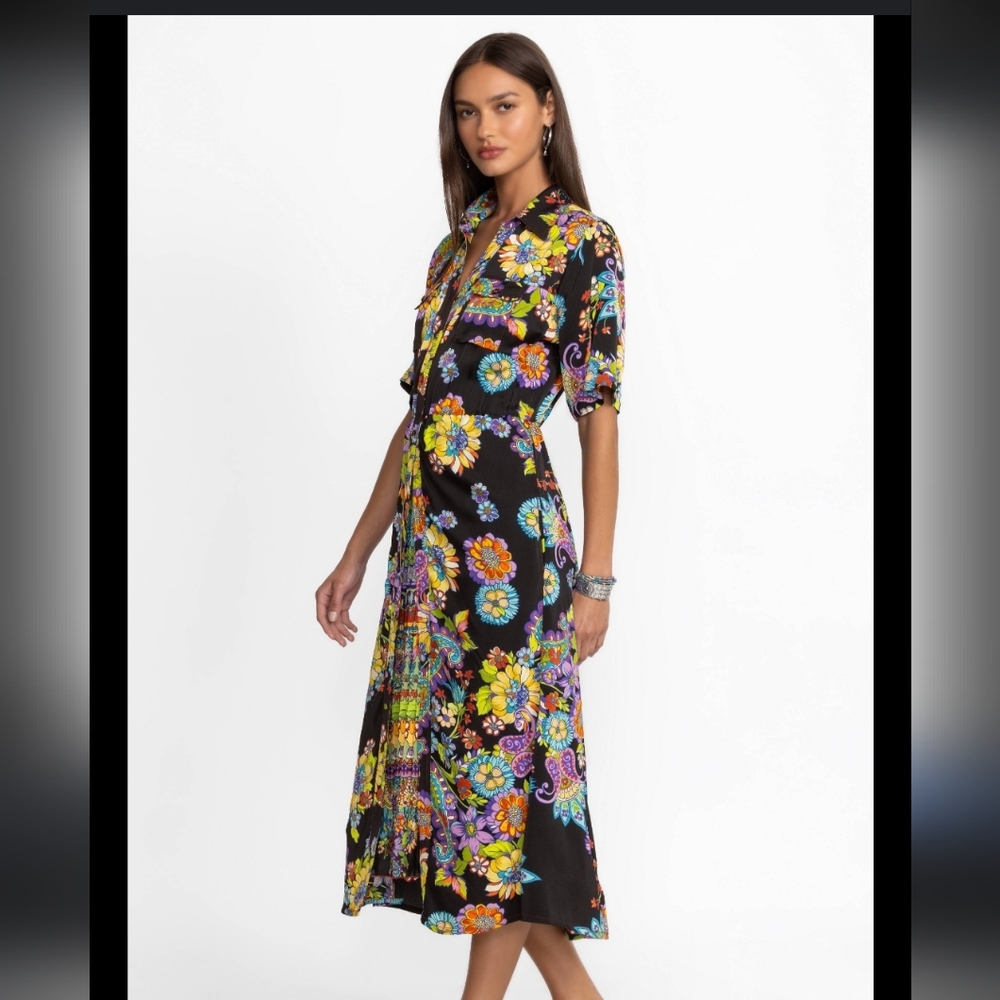 NWT Johnny Was Catriona Black Midi Dress with Colorful Floral Patterns Size L